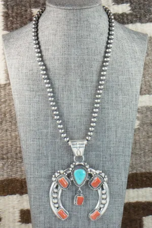 Turquoise, Coral Pendant & Sterling Silver Necklace - Tom Lewis