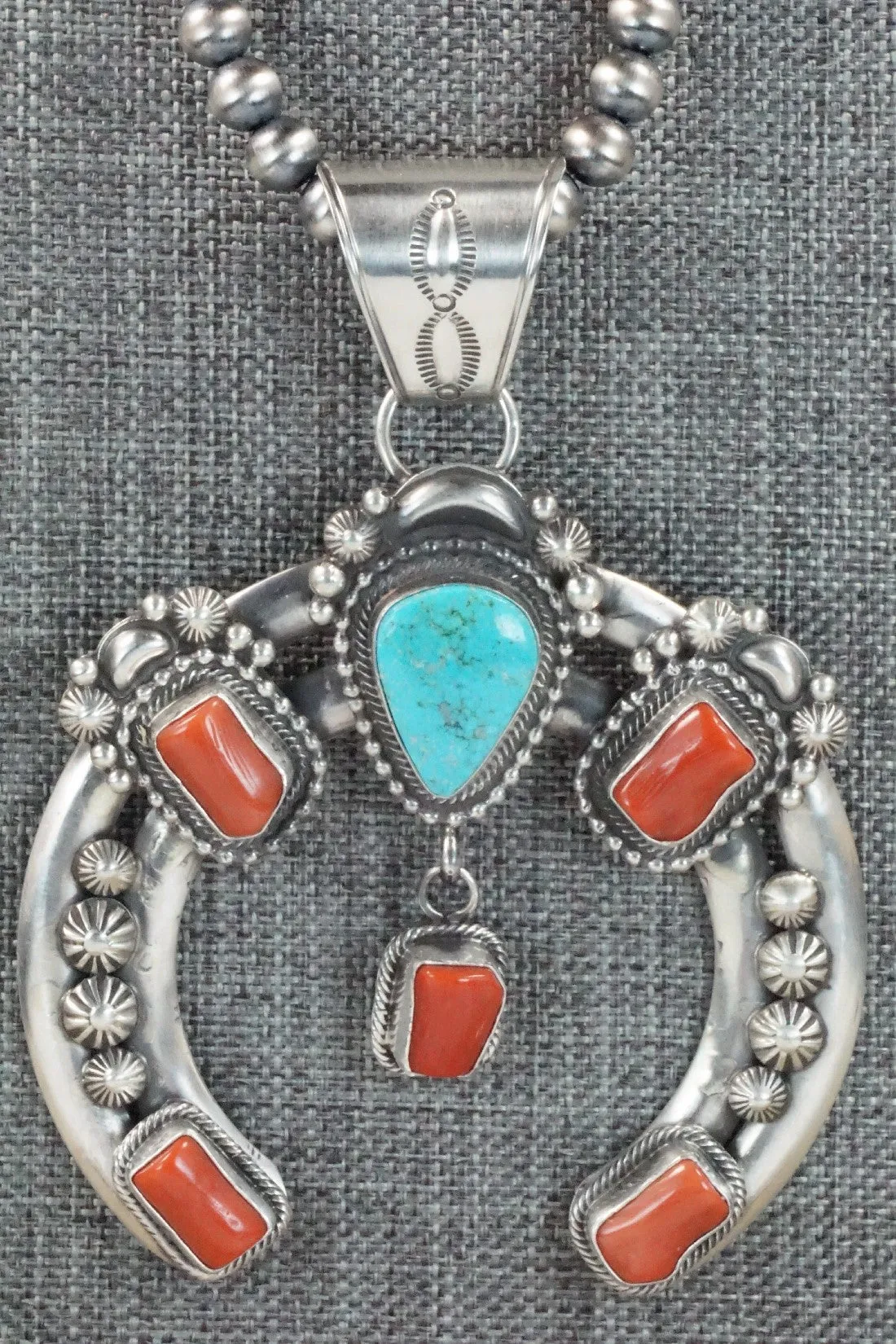 Turquoise, Coral Pendant & Sterling Silver Necklace - Tom Lewis