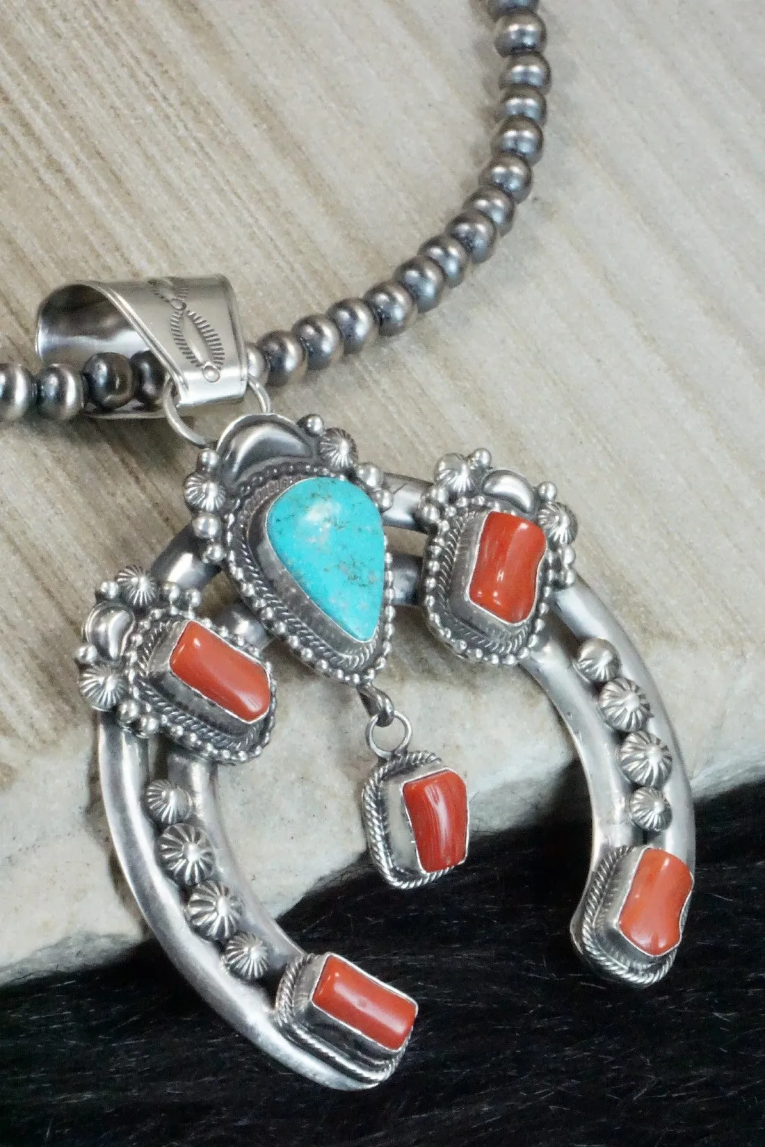 Turquoise, Coral Pendant & Sterling Silver Necklace - Tom Lewis
