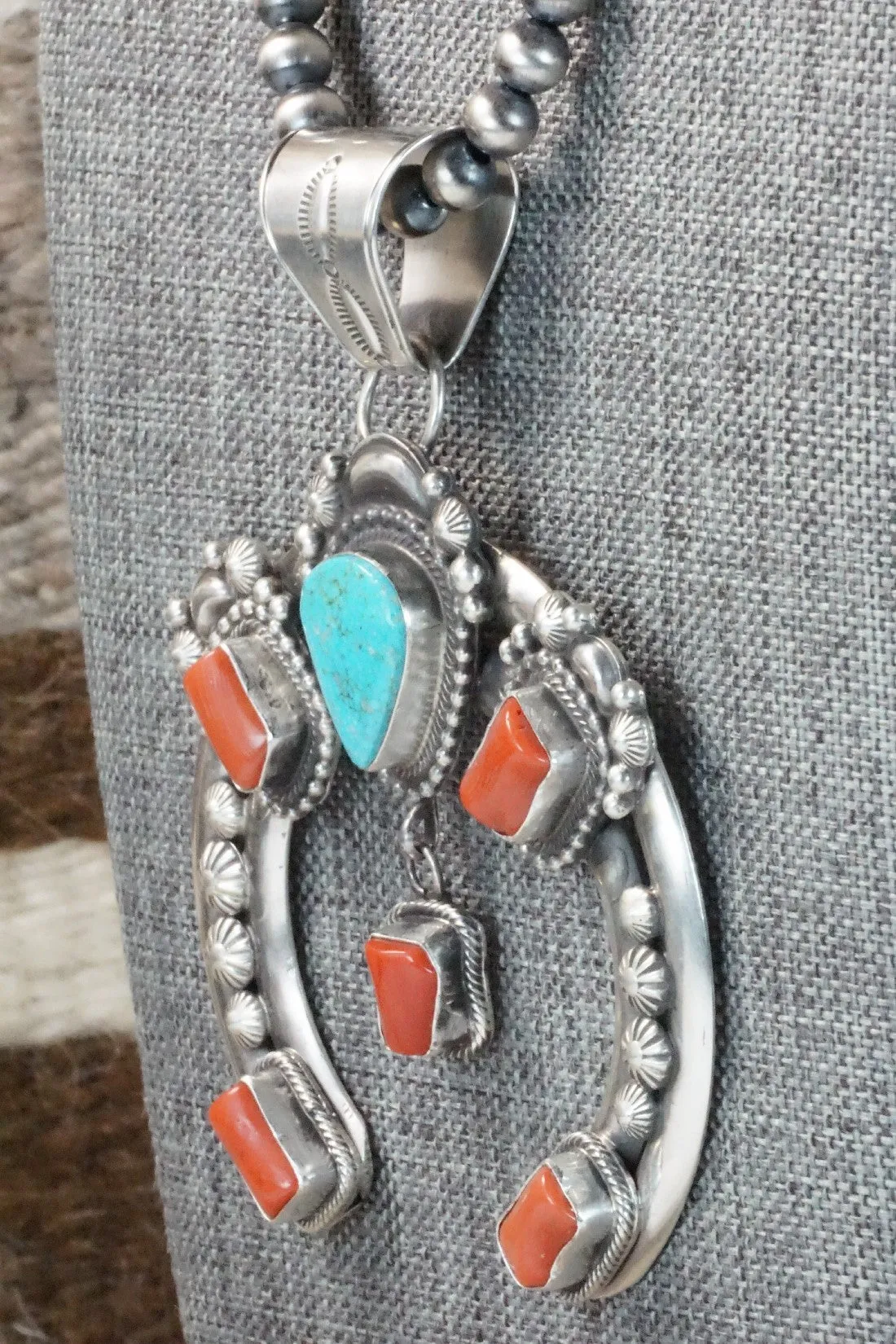 Turquoise, Coral Pendant & Sterling Silver Necklace - Tom Lewis