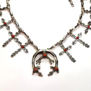 Vintage Rainbow Men & Crosses Coral Necklace - 26" Long