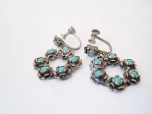 Vintage Silver and Turquoise Screw Back Mexico Earrings