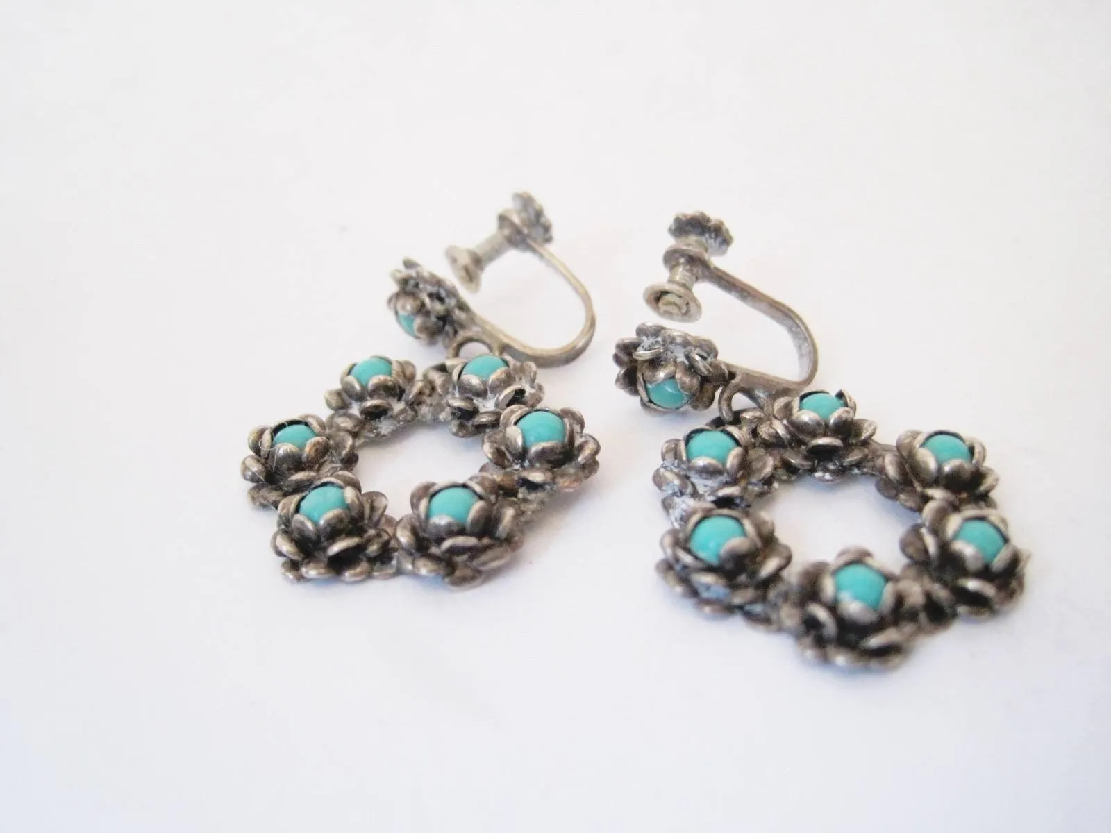 Vintage Silver and Turquoise Screw Back Mexico Earrings