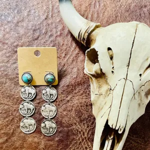 Western Buffalo Coin Drop Stud Earrings