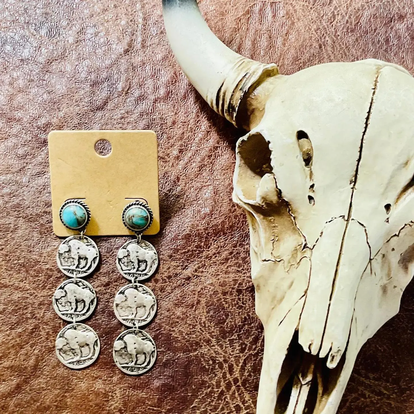 Western Buffalo Coin Drop Stud Earrings