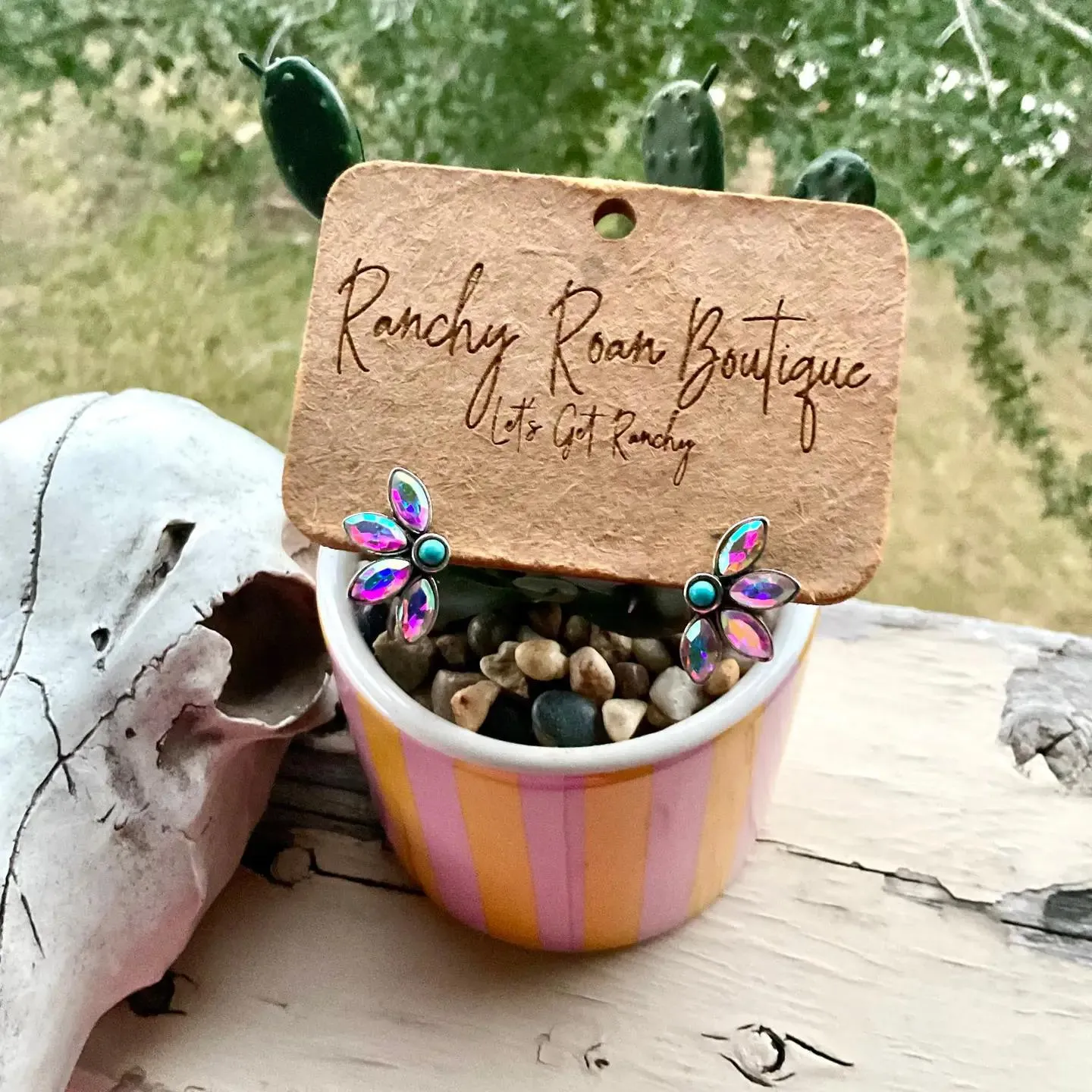 Western Iridescent Turquoise Floral Stud Earrings