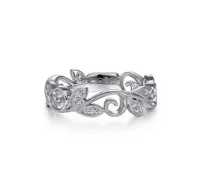 White Gold Scrolling Floral Diamond Stackable Ring