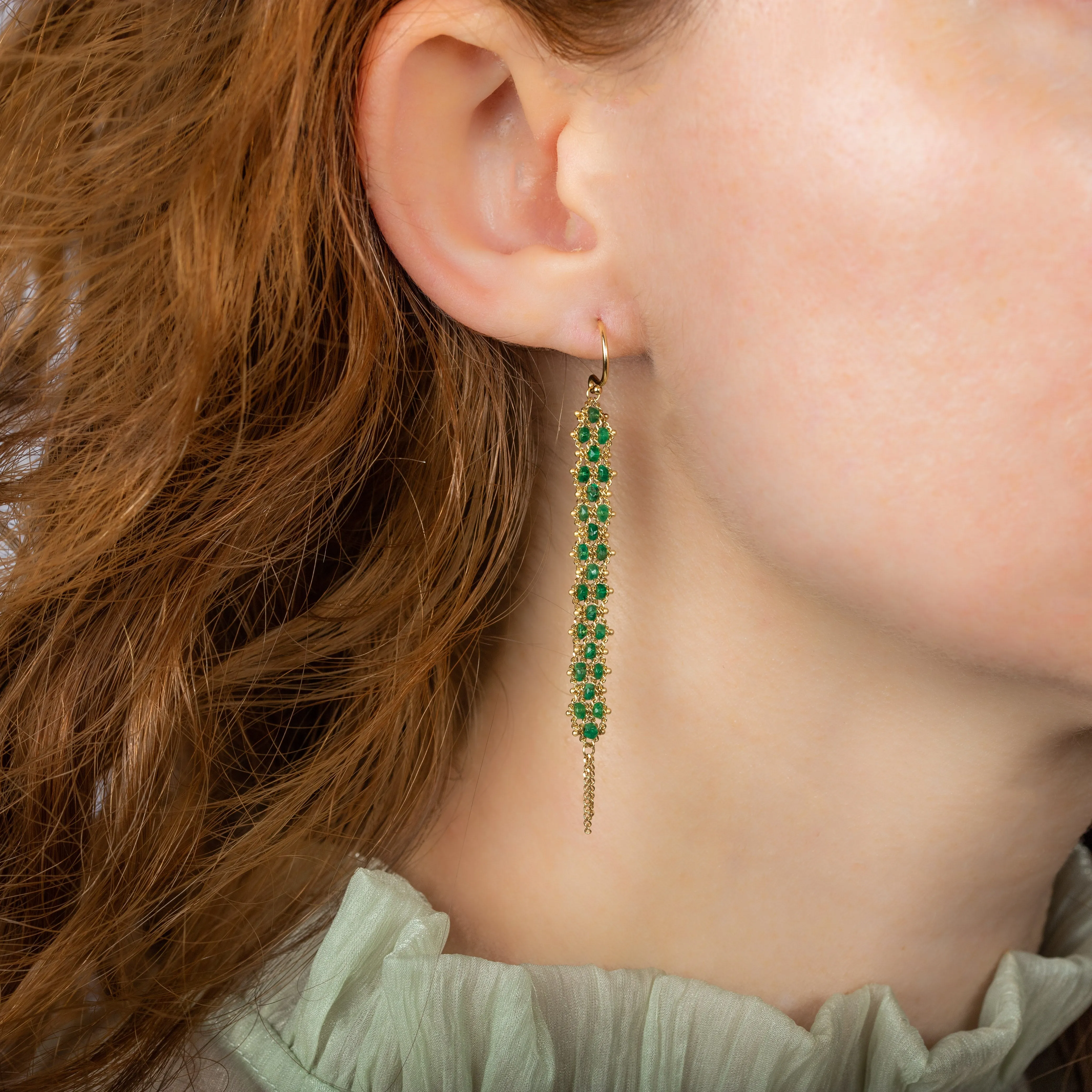 Woven Textile Earrings in Emerald
